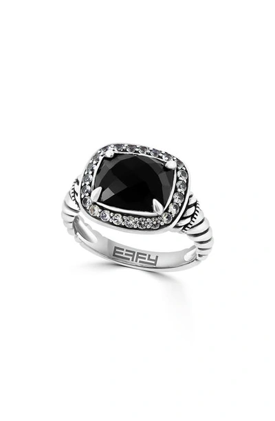 Effy Sterling Silver White Topaz Halo Onyx Ring In Black