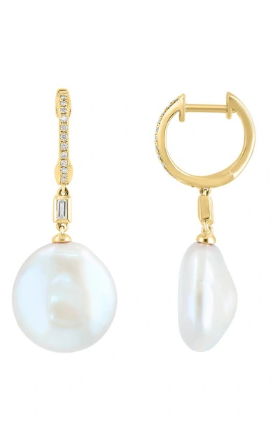 Effy 14k Yellow Gold Diamond & Freshwater Pearl Drop Earrings In White