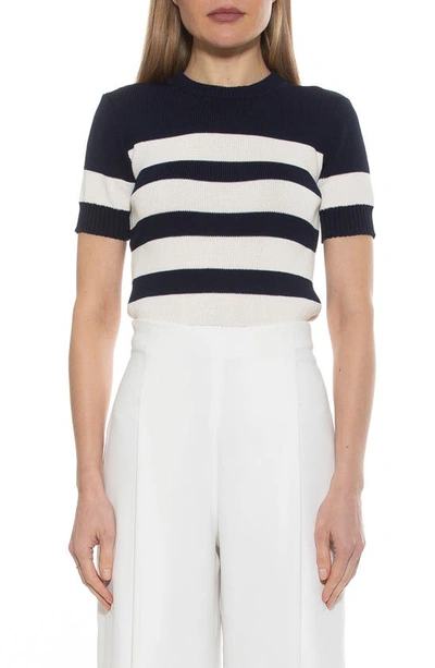 Alexia Admor Pat Stripe Short Sleeve Sweater Top In Black Ivory