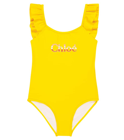 Chloé Kids' Logo印花荷叶边连体泳衣 In Yellow