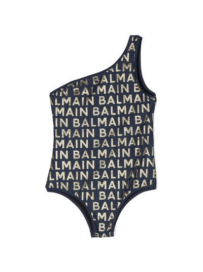 Balmain Kids' Glittered Logo Lycra One Piece Swimsuit In Blue