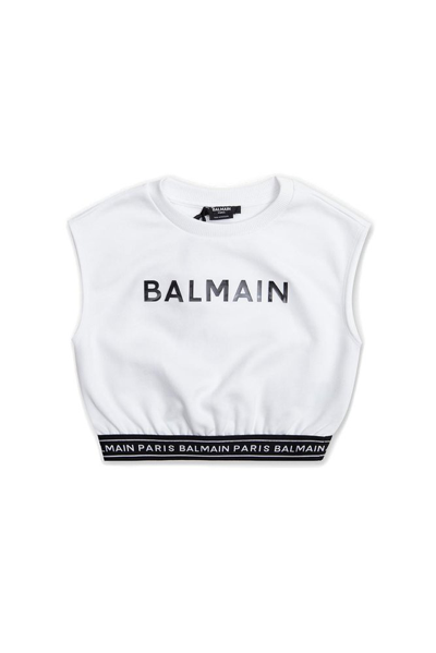 Balmain Organic Cotton Sweatshirt Top W/ Logo In White