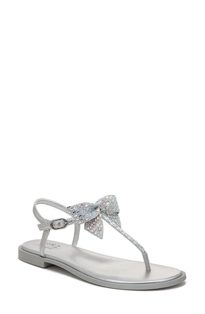 Naturalizer Florita Womens Embellished Bow Thong Sandals In Silver Satin/stones