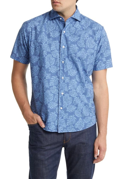 Peter Millar Crown Crafted Groves Cotton Botanical Print Tailored Fit Short Sleeve Button Down Shirt In Blue Pearl