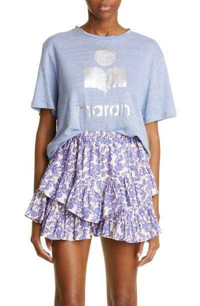 Isabel Marant Étoile Zewel Metallic Logo Slub Linen Graphic Tee In Blue/ Silver