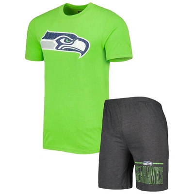 Concepts Sport Men's  Charcoal And Neon Green Seattle Seahawks Meter T-shirt And Shorts Sleep Set In Charcoal,neon Green