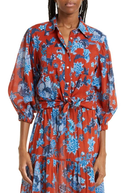 Cara Cara Bella Snap Front Three-quarter Sleeve Cotton Voile Blouse In Nippon Terracotta