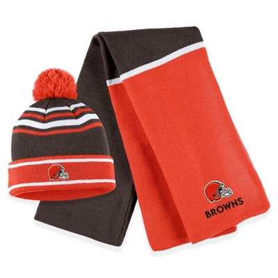 Wear By Erin Andrews Orange Cleveland Browns Colorblock Cuffed Knit Hat With Pom And Scarf Set
