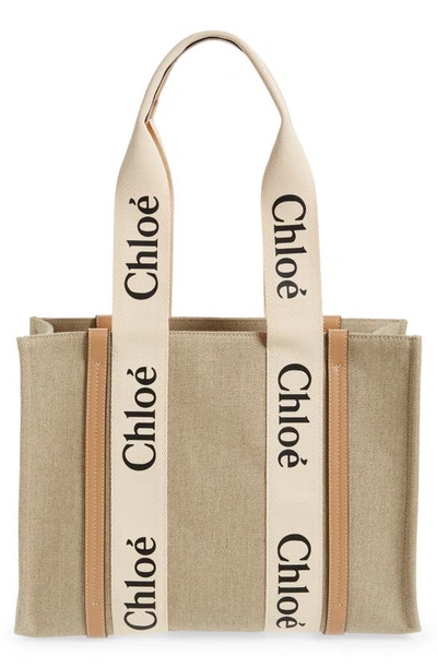 Chloé Medium Woody Linen Tote In White - Beige 1