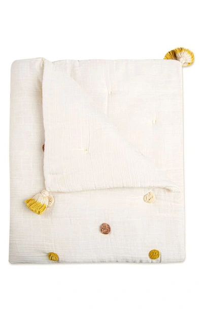 Crane Baby Pompom Cotton Muslin Baby Blanket In White