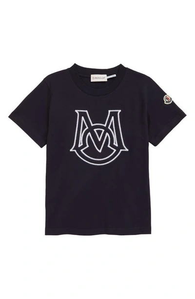Moncler Kids' Embroidered Logo Cotton T-shirt In Blue