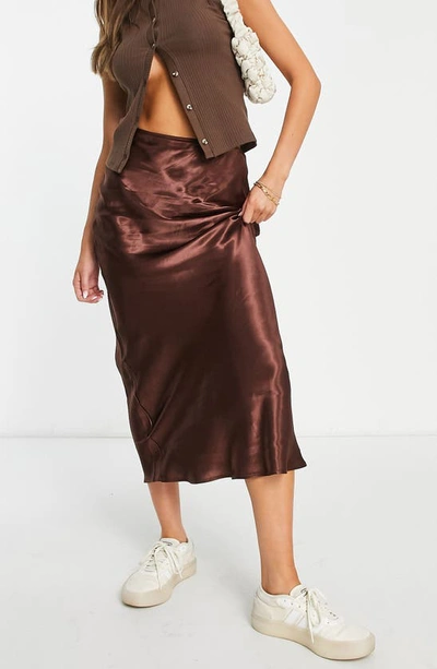 Topshop Bias Cut Satin Midi Skirt In Brown