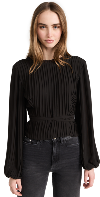 Frame Pleated Waist Tie Silk Blouse In Noir