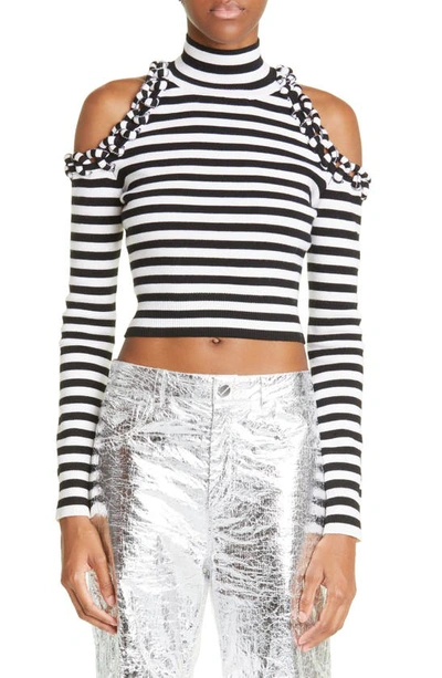 Monse Striped Cold-shoulder Turtleneck Top In Midnight Ivory