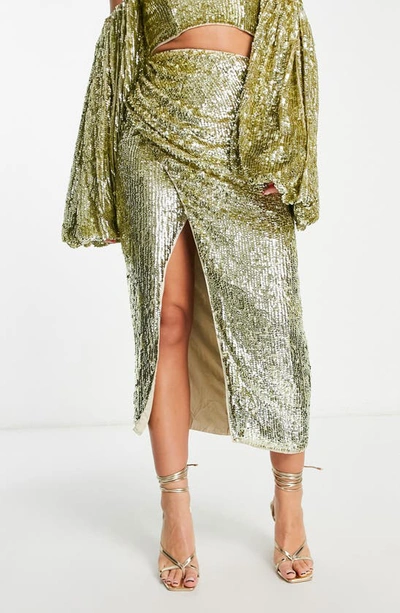 Asos Design Wrap Midi Skirt In Pale Gold Sequin