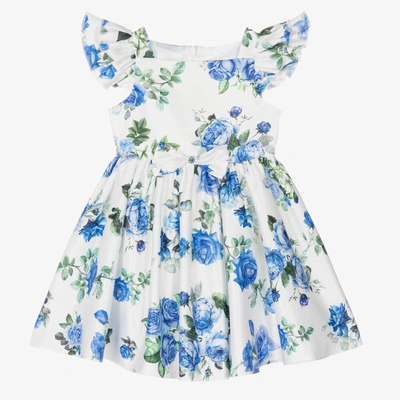 David Charles Babies' Girls White & Blue Floral Satin Dress