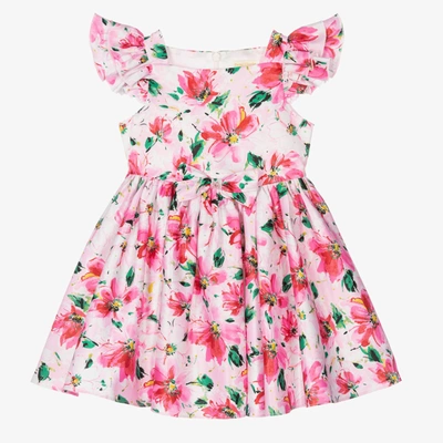 David Charles Babies' Girls White & Pink Floral Satin Dress