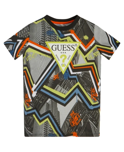 Guess Kids' Boys Black Cotton Printed T-shirt In Black Multi