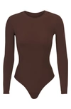 Skims Fits Everybody Long Sleeve Thong Bodysuit In Brown