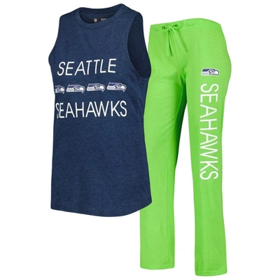Concepts Sport Women's  Neon Green, College Navy Seattle Seahawks Muscle Tank Top And Pants Sleep Set In Neon Green,college Navy