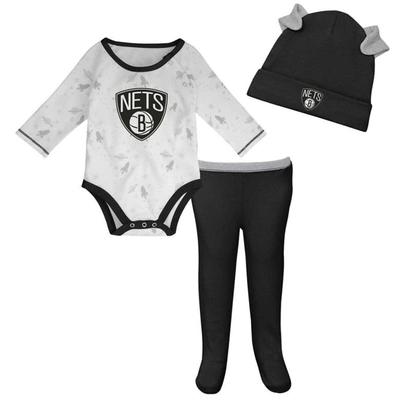 Outerstuff Babies' Newborn And Infant Boys And Girls White, Black Brooklyn Nets Three-piece Dream Team Long Sleeve Body In White,black