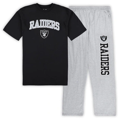 Concepts Sport Men's  Black, Heather Gray Las Vegas Raiders Big And Tall T-shirt And Pajama Pants Sle In Black,heather Gray