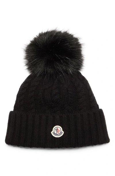 Moncler Virgin Wool & Cashmere Rib Beanie With Faux Fur Pompom In Black