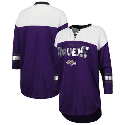 G-iii 4her By Carl Banks Women's  Purple, White Baltimore Ravens Double Team 3/4-sleeve Lace-up T-shi In Purple,white