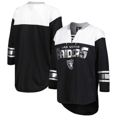 G-iii 4her By Carl Banks Women's  Black, White Las Vegas Raiders Double Team 3/4-sleeve Lace-up T-shi In Black,white