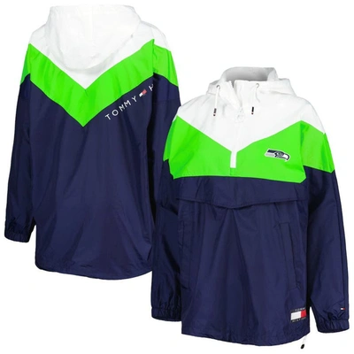 Tommy Hilfiger White/neon Green Seattle Seahawks Staci Half-zip Hoodie Windbreaker Jacket