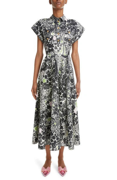 Giambattista Valli Floral-print Cap-sleeve Midi Shirtdress In Grey