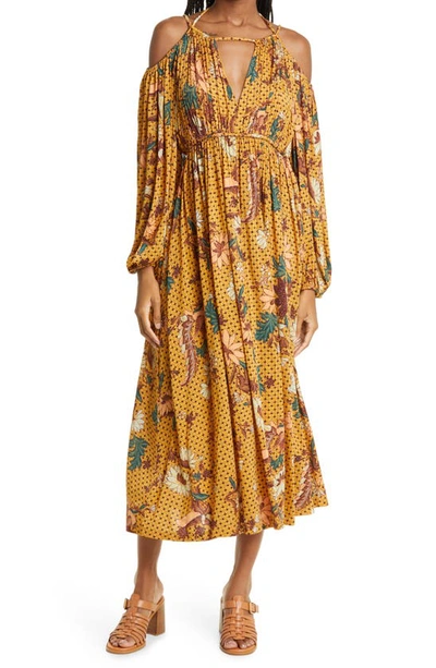 Ulla Johnson Noemi Cold-shoulder Floral Midi Dress In Amber