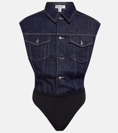 Alaïa Button-front Denim Bodysuit In Blue