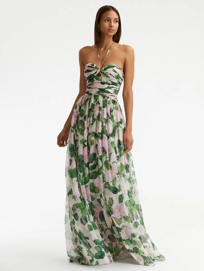 Oscar De La Renta Draped Chiffon Hydrangea Printed Gown In Pink | ModeSens