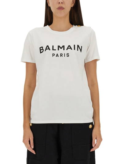 Balmain Logo-print Cotton T-shirt In Blanc Noir (white)