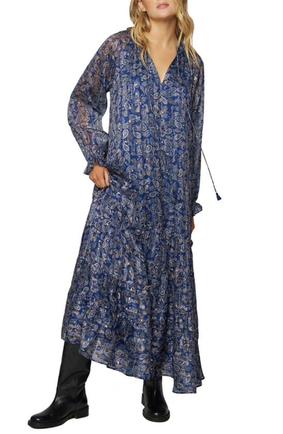 Lost + Wander Wish Upon Split Neck Paisley Print Maxi Dress In Navy Gold Paisley