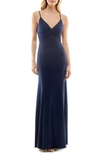 Jump Apparel V-neck Twist Front Jersey Gown In Navy