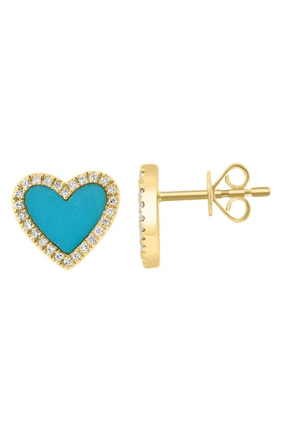 Effy 14k Yellow Gold Diamond Turquoise Heart Stud Earrings In Blue