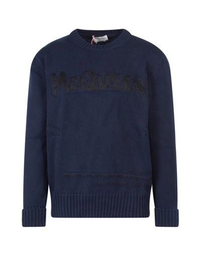 Alexander Mcqueen Logo Intarsia Crewneck Sweater In Blue