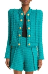 Balmain Collarless Buttoned Tweed Blazer In Green