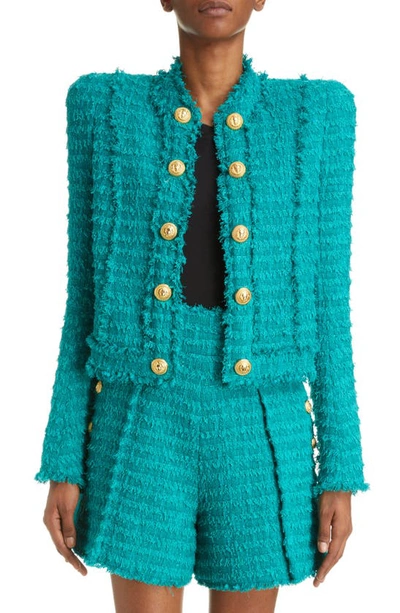 Balmain Collarless Buttoned Tweed Blazer In Green