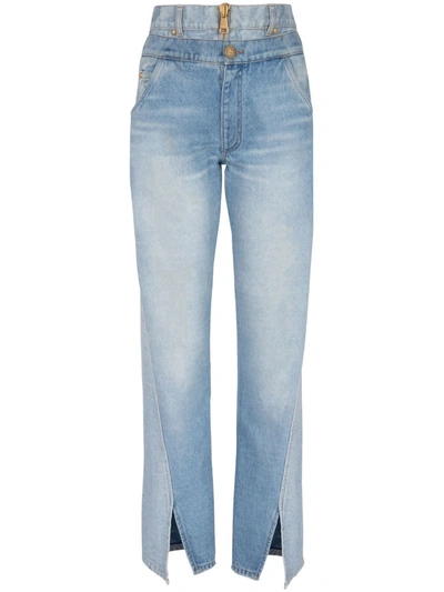 Balmain Vintage Cotton Denim Hybrid Wide Jeans In Blu Denim