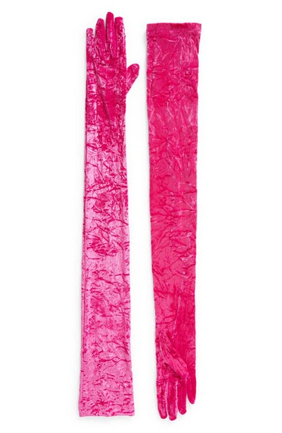 Versace Long Velvet Gloves In Glossy Pink