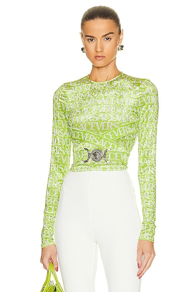 Versace All Over Logo Chenille Crop Top In Green