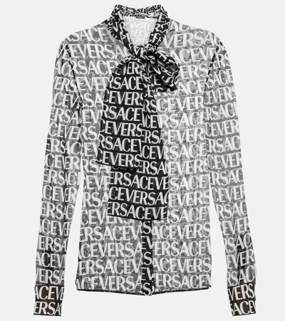 Versace Pussy-bow Logo-print Silk-chiffon Blouse In Black,white