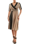 Nina Leonard Stripe Elbow Sleeve Sweater Dress In Tan/ Black