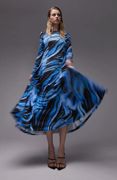 Topshop Abstract Swirl Full Skirt Midi Dress In Blue