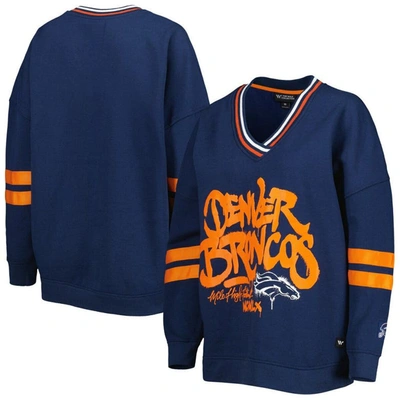 The Wild Collective Navy Denver Broncos Vintage Pullover V-neck Sweatshirt