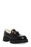Steve Madden Lando Faux Shearling Lined Lug Sole Loafer In Black Leather