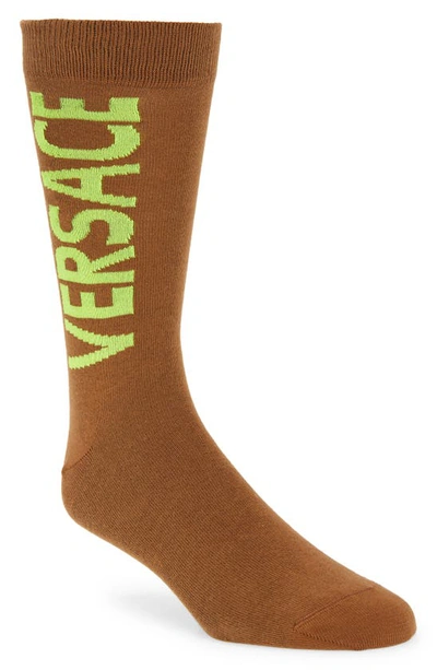 Versace Logo Crew Socks In Toffee/ Yellow Fluo